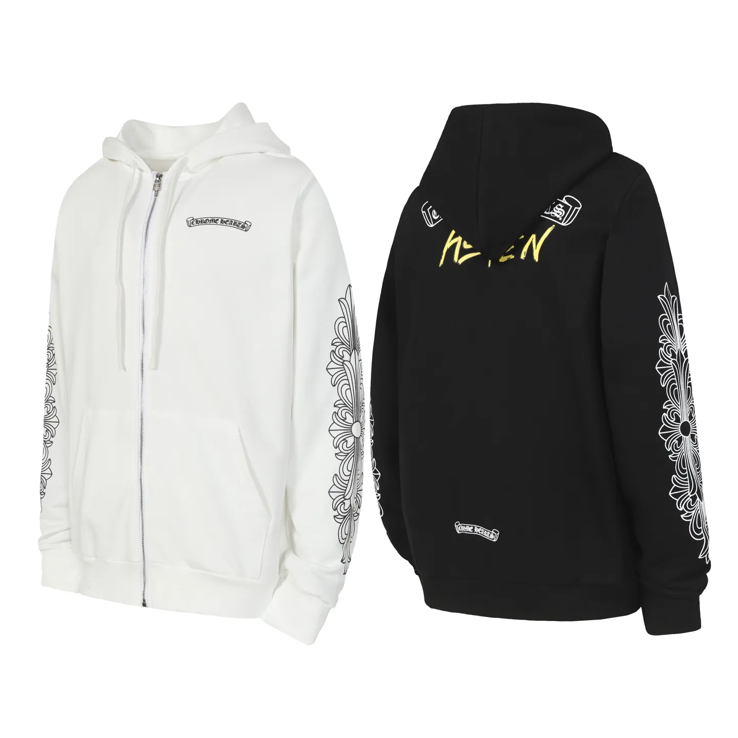 P250 #K31 Cross-border model, please do not place an order if you are pursuing quality - Chrome Hearts/Chrome Hearts 23ss scroll horseshoe print zipper sweatshirt cardigan jacket - High weight, high density and high quality. The wool is soft, delicate and skin-friendly. It feels soft and silky. It has excellent warmth and skin-friendly properties. - Custom-woven and dyed with no color difference. No matter the fabric or workmanship details, it beats the ordinary version on the market. - Hardware zipper accessories are all customized and full of details. -Colour: black white -Size: S M L XL